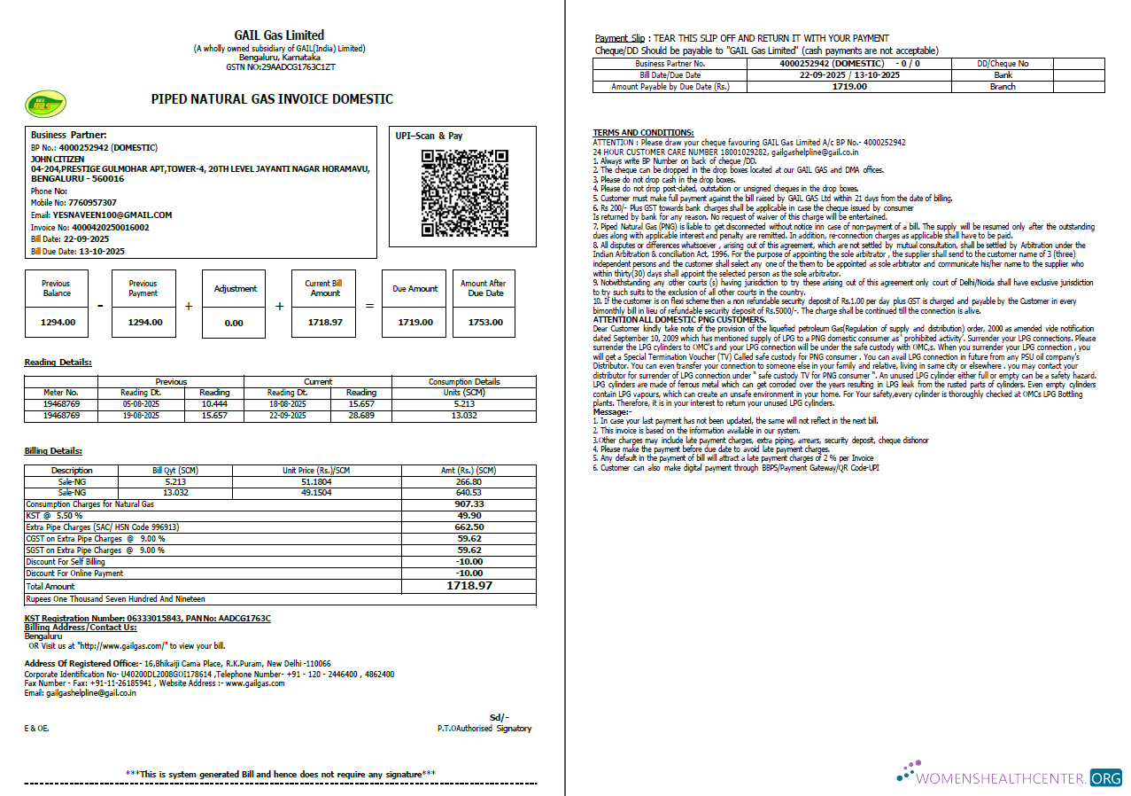 download India Gail Gas Limited utility bill template in Word and PDF formats, 2 pages PDF template